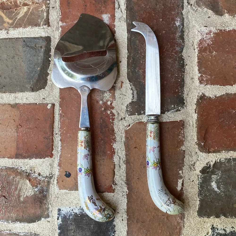 Sheffield England Cheese Slicer & Knife Set Floral Design Porcelain Handles